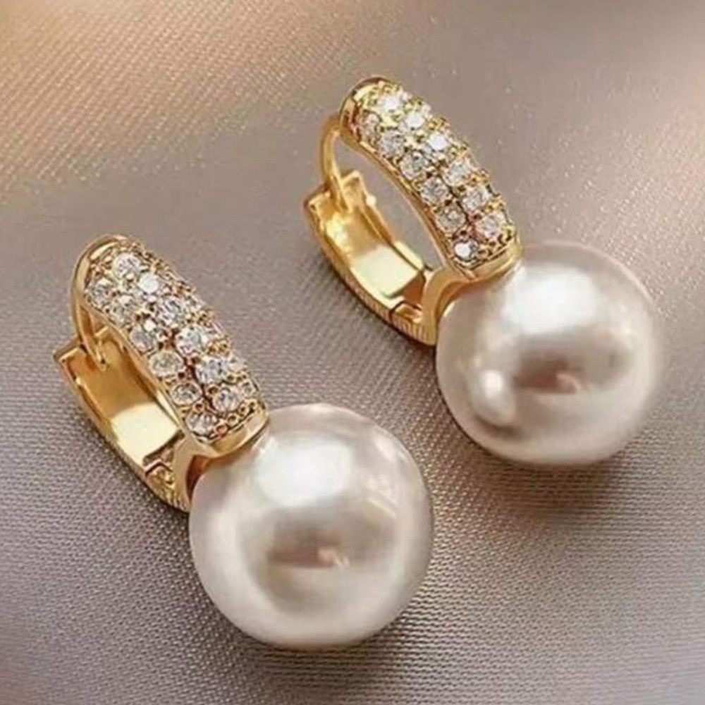Champagne Pearl Rhinestone Huggie Earrings